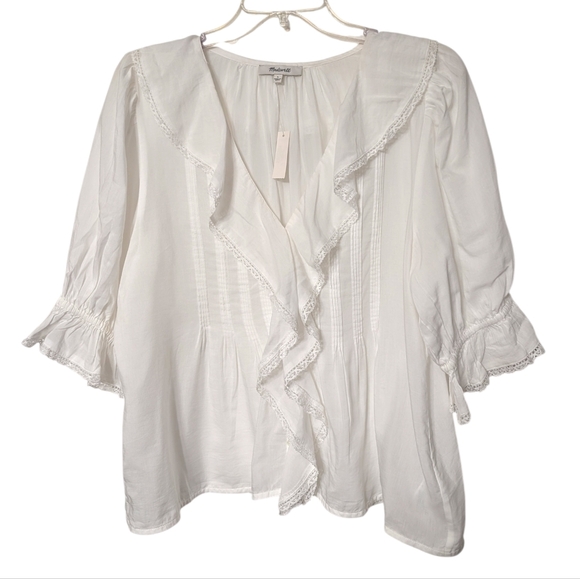 Madewell White Pintucked Ruffled V-Neck Puff-Sleeve Button Front Top Size Large - Picture 10 of 12
